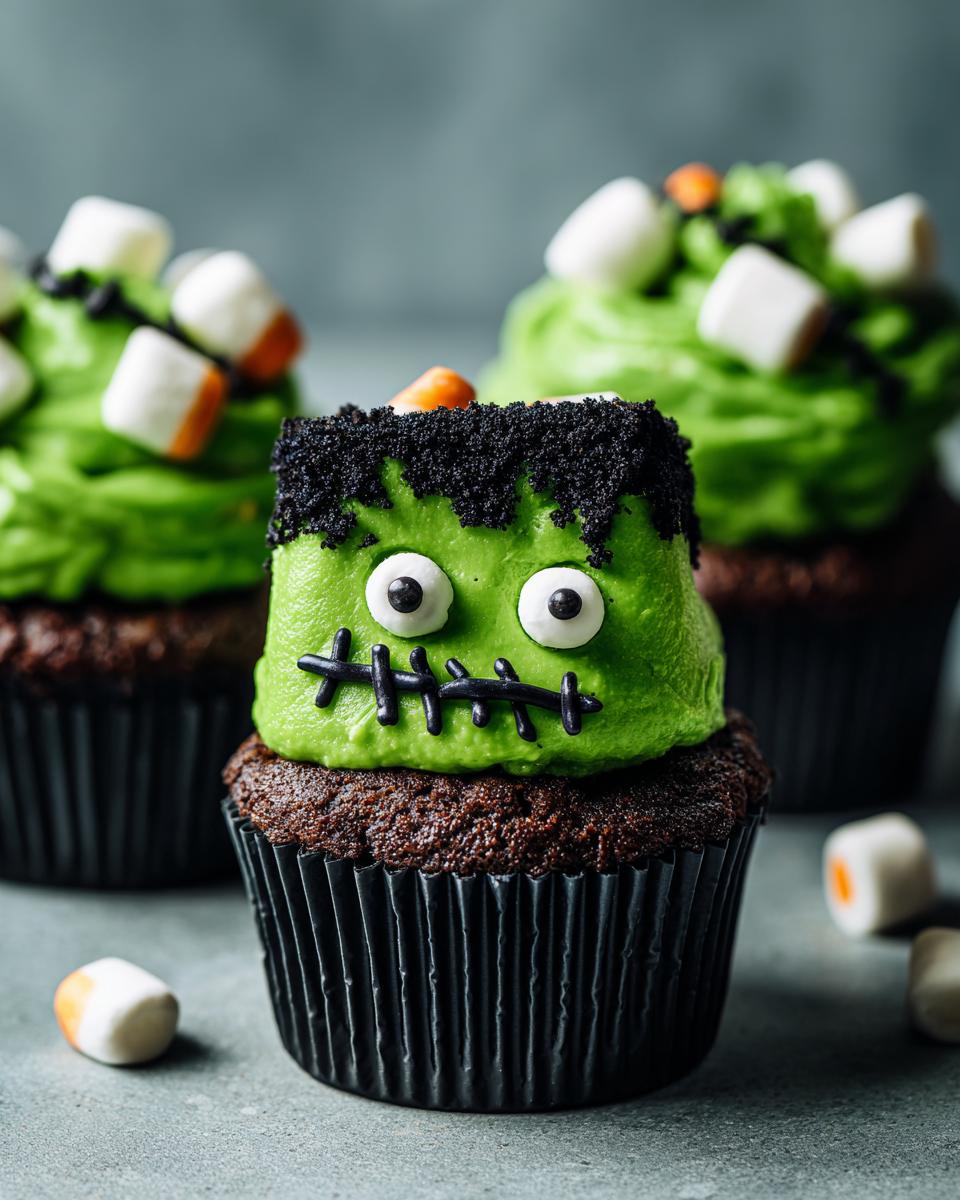 Close-up of a Frankenstein cupcake with green frosting, candy eyes, and black licorice stitches, perfect for Halloween.