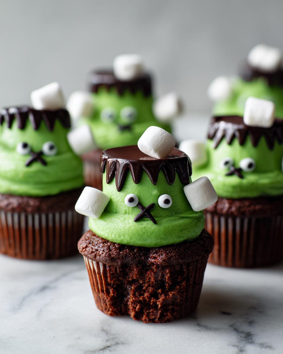 Close-up of a group of adorable Frankenstein Cupcakes (halloween) with green frosting, chocolate drizzle, and marshmallow bolts.
