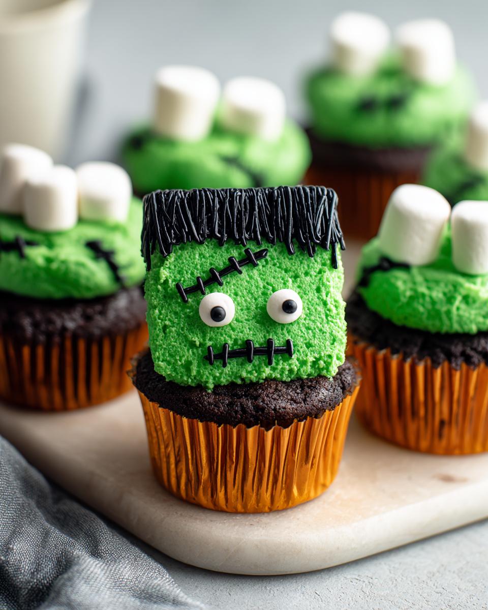 Close-up of a decorated Frankenstein cupcake with green frosting, black hair, candy eyes, and stitches. Other Frankenstein Cupcakes are in the background.