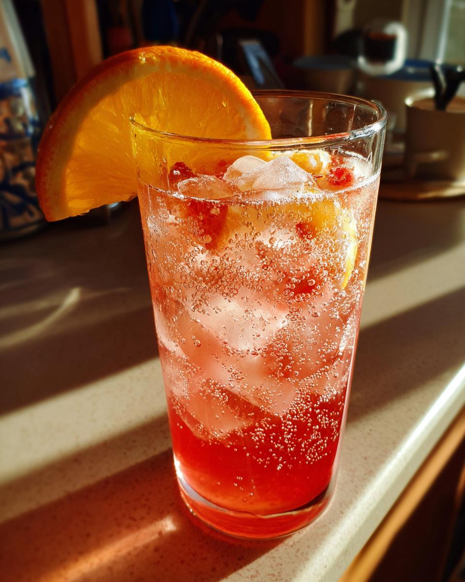 Iced fruit soda in a glass, garnished with a fresh orange slice. Bubbles and fruit pieces visible.