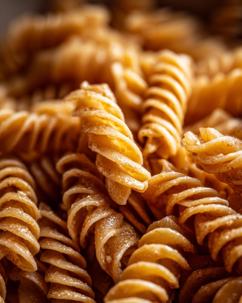 Detailed close-up of cooked fusilli pasta, ideal for pasta salad recipes. Shows the texture and shape of the pasta.