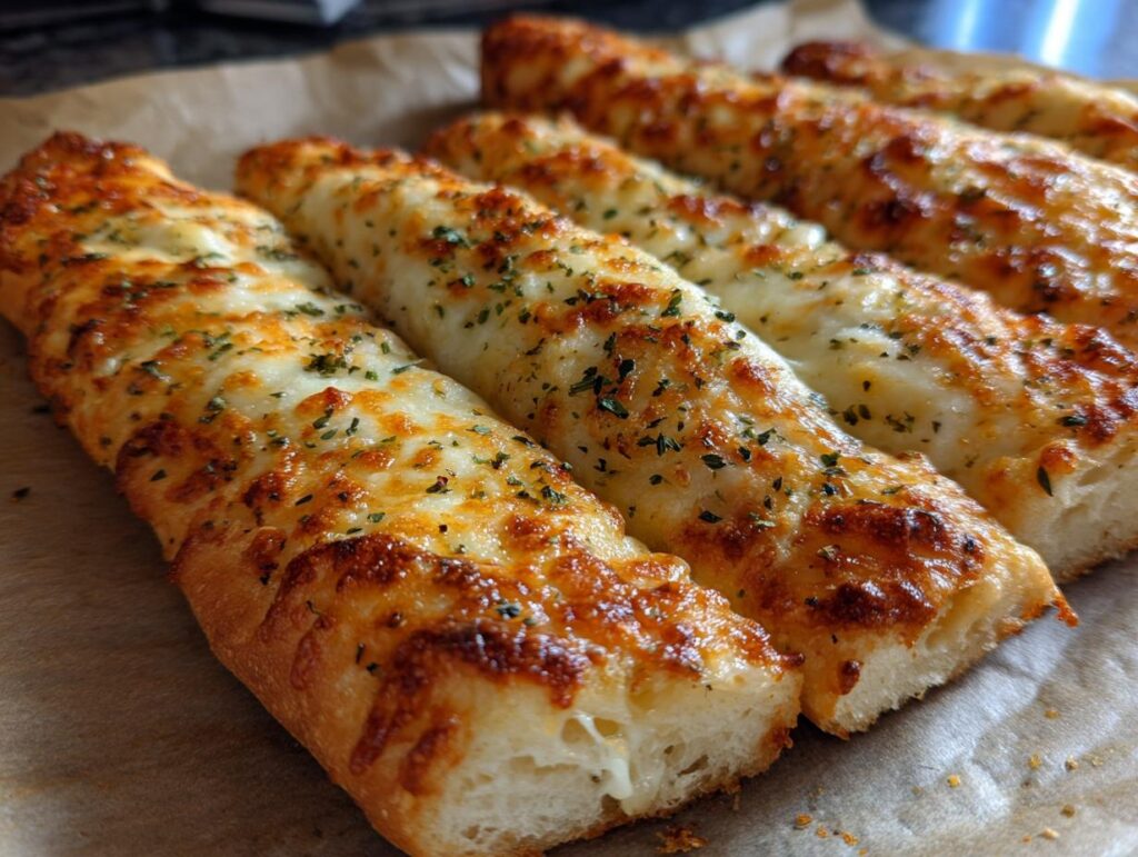 Close-up of golden brown Garlic Bread Pizza Sticks topped with melted cheese and herbs.