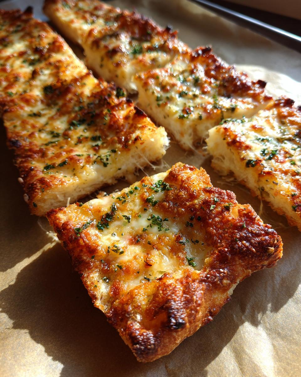 Close-up of golden brown Garlic Bread Pizza Sticks topped with melted cheese and parsley.