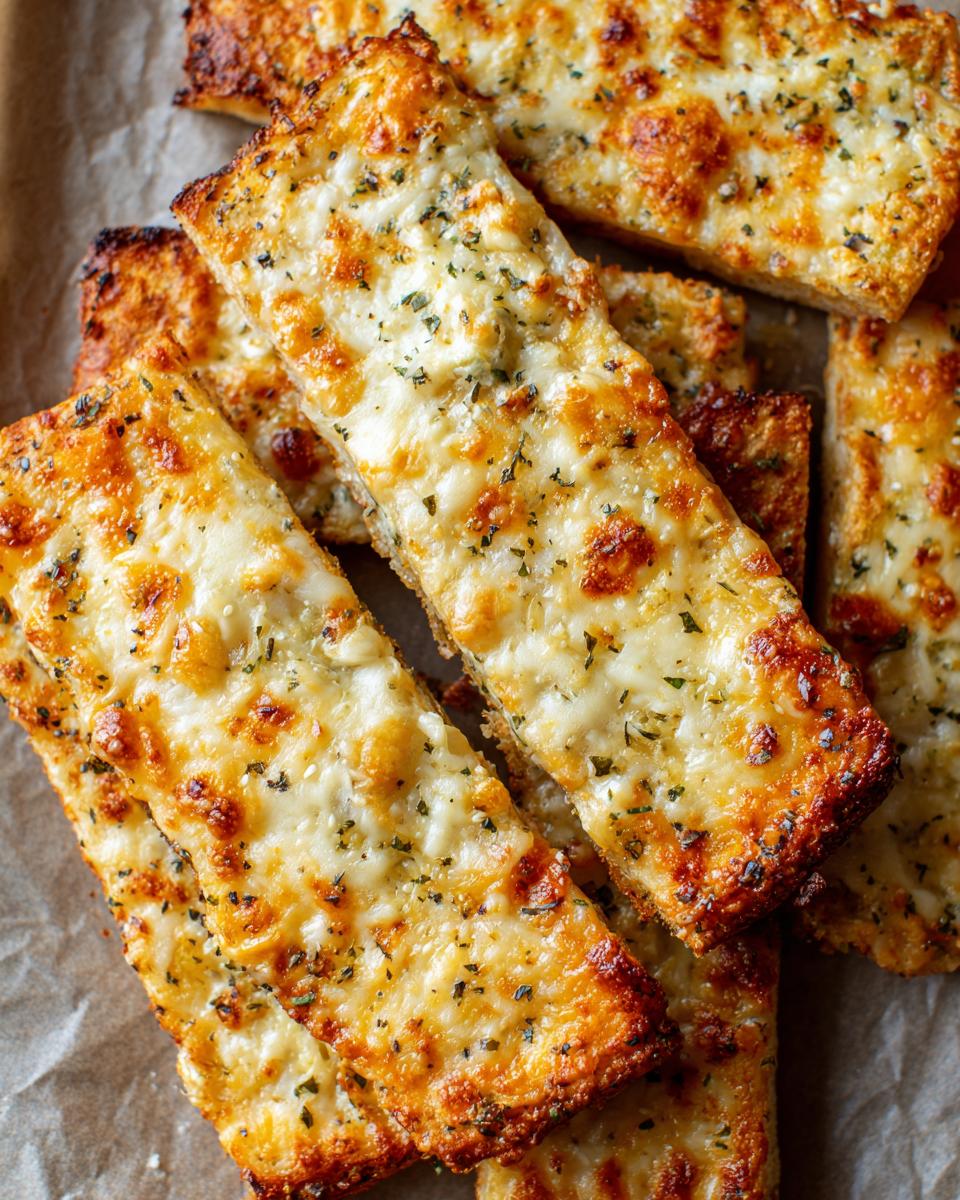 Close-up of golden-brown Garlic Bread Pizza Sticks topped with melted cheese and herbs.