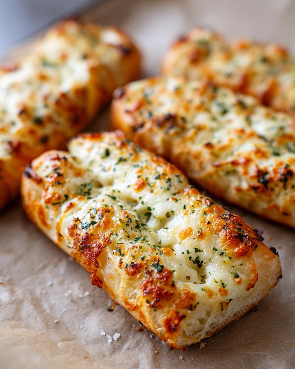 Close-up of golden-brown Garlic Bread Pizza Sticks topped with melted cheese and parsley.