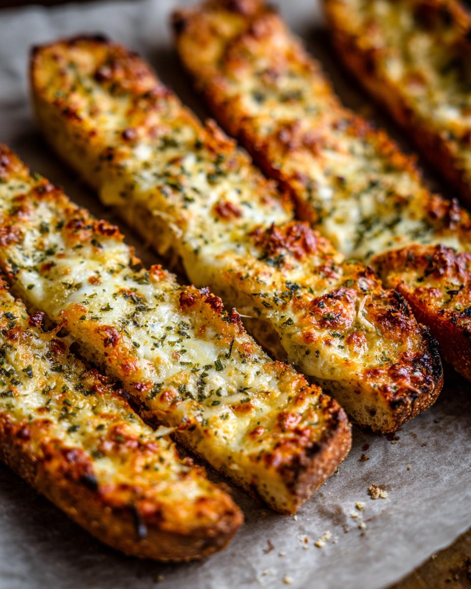 Close-up of golden-brown Garlic Bread Pizza Sticks topped with melted cheese and herbs.