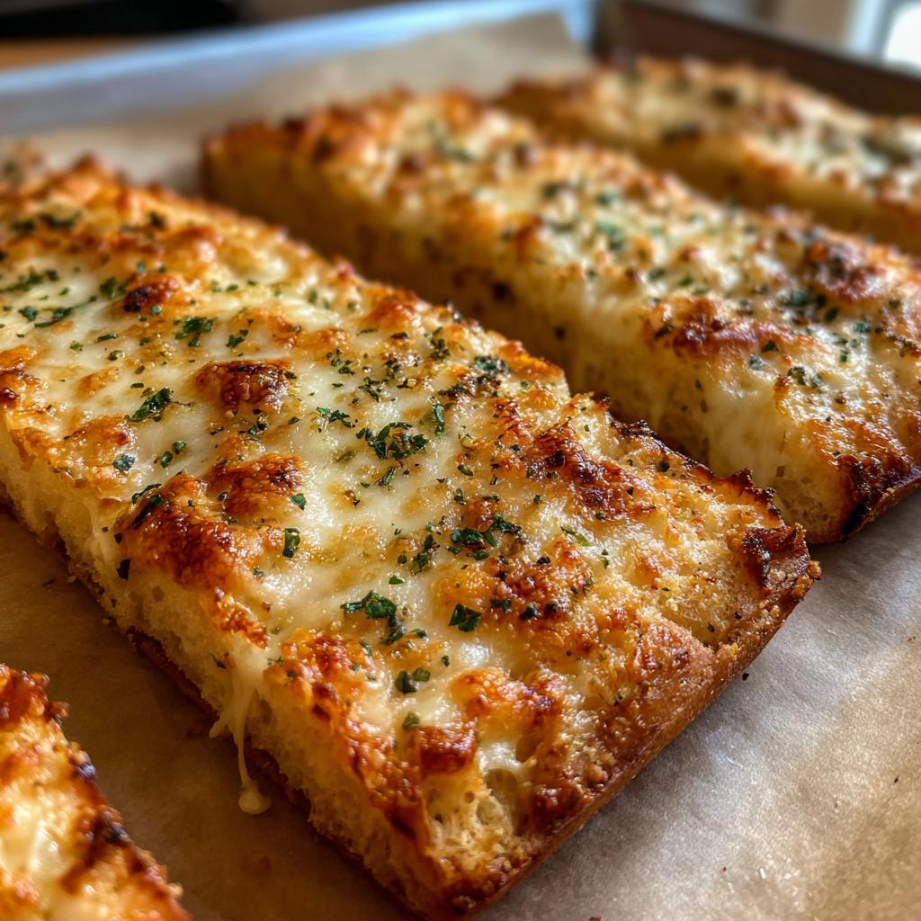 Close-up of golden brown garlic bread pizza sticks topped with melted cheese and herbs.