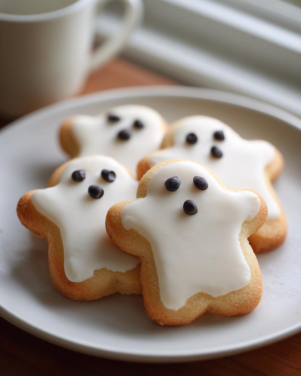 Close-up of several ghost sugar cookies decorated with white icing and chocolate chip eyes and mouths.