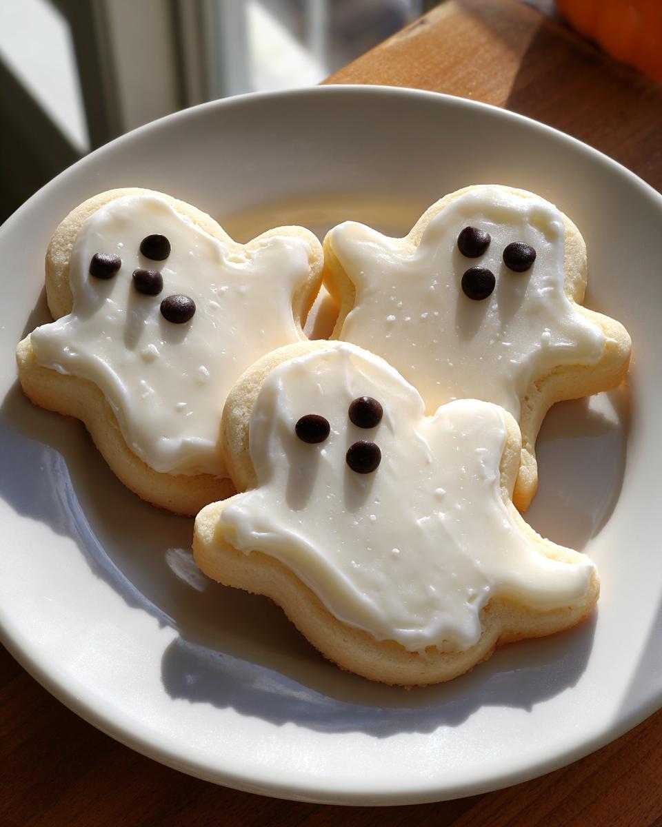 Three adorable ghost sugar cookies (halloween) decorated with white icing and chocolate chip eyes on a white plate.