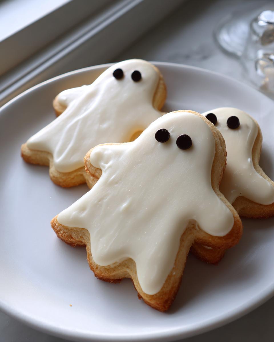 Three adorable ghost sugar cookies with white frosting and chocolate chip eyes on a white plate, perfect for Halloween.