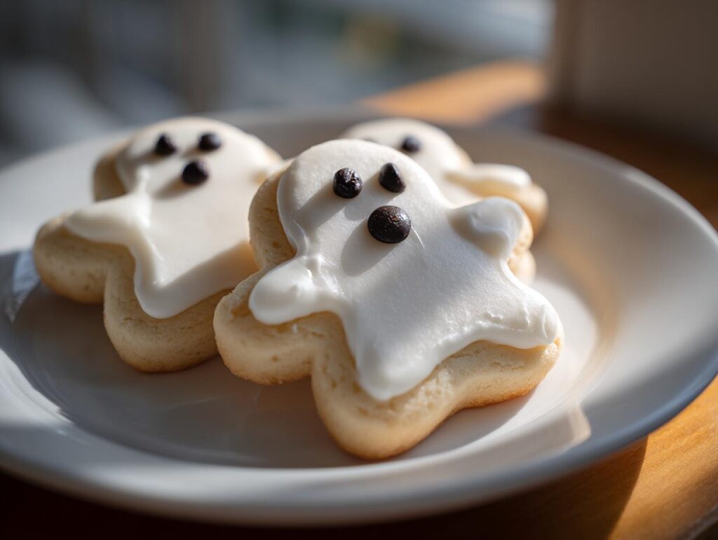 Close-up of three adorable ghost sugar cookies (halloween) decorated with white icing and chocolate chip eyes.