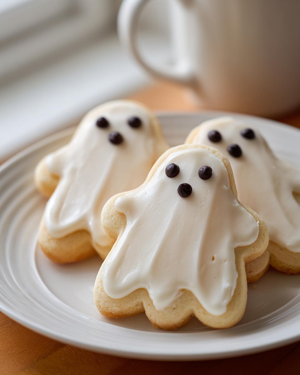 Three adorable ghost sugar cookies with white frosting and chocolate chip eyes on a white plate, perfect for Halloween.