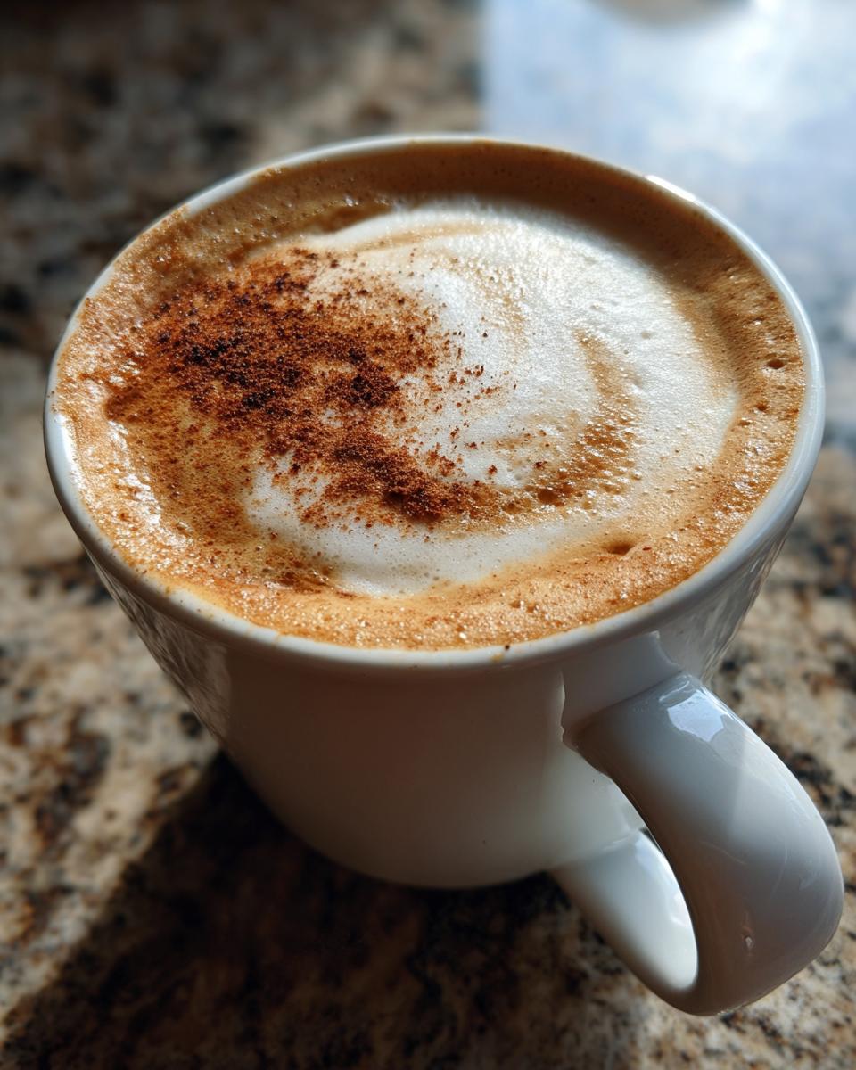 Close-up of a frothy Gingerbread Latte in a white mug, dusted with cinnamon.