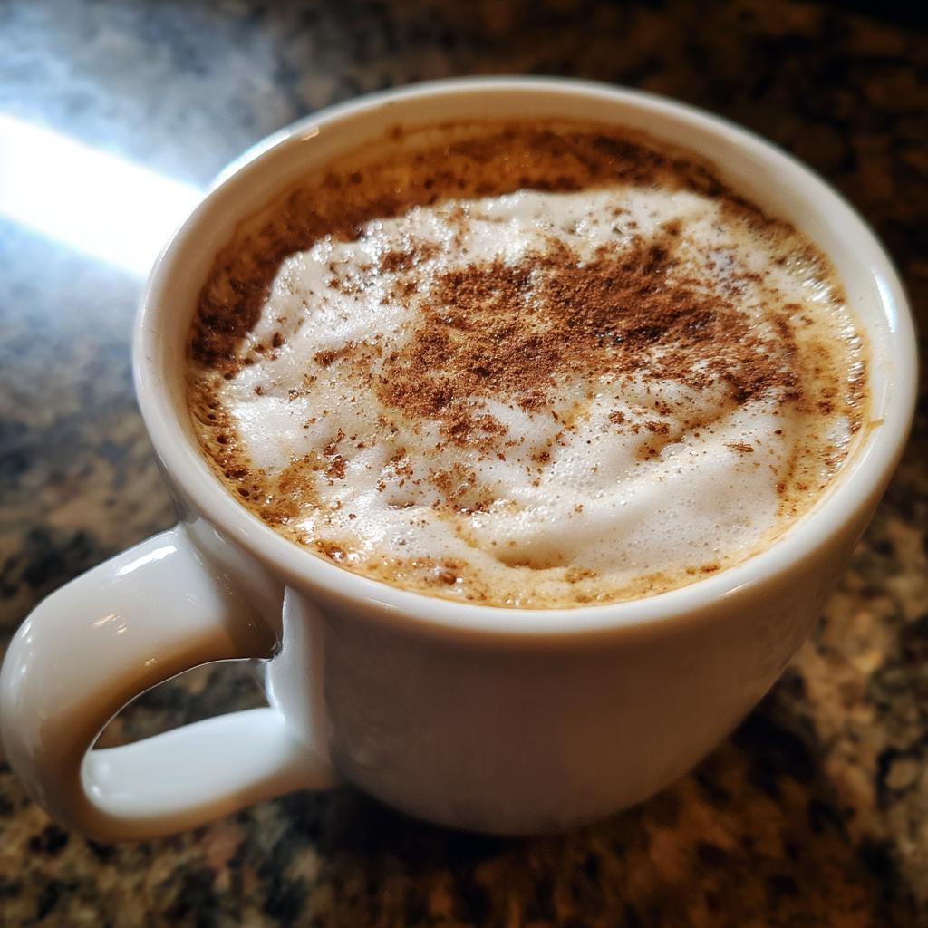 A close-up of a warm Gingerbread Latte in a white mug, topped with frothy milk and a sprinkle of cinnamon.