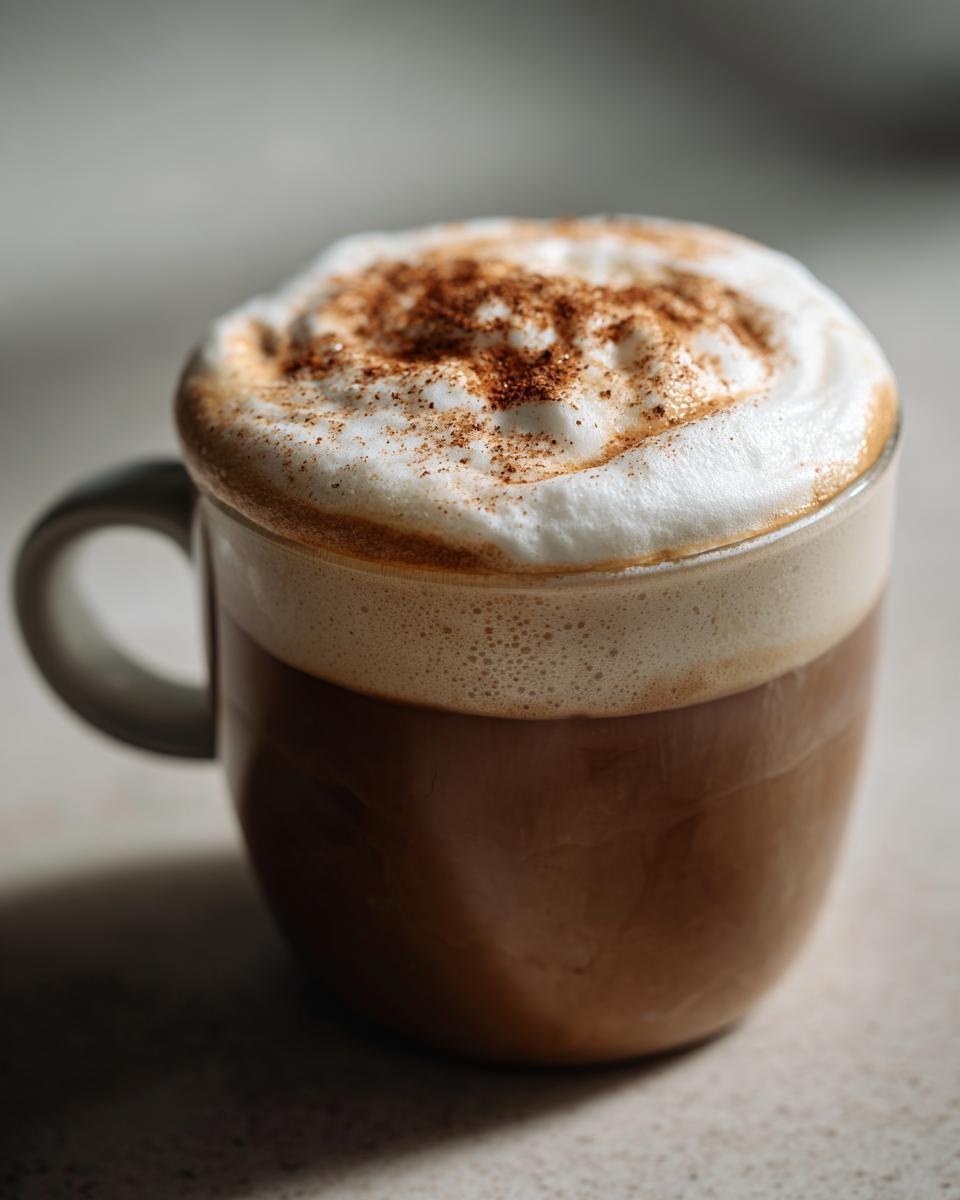 A close-up of a steaming Gingerbread Latte (coffee) topped with whipped cream and a sprinkle of cinnamon.