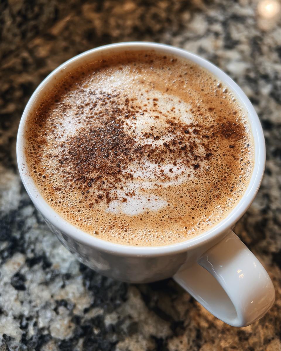 Close-up of a frothy Gingerbread Latte coffee in a white mug, dusted with cinnamon.