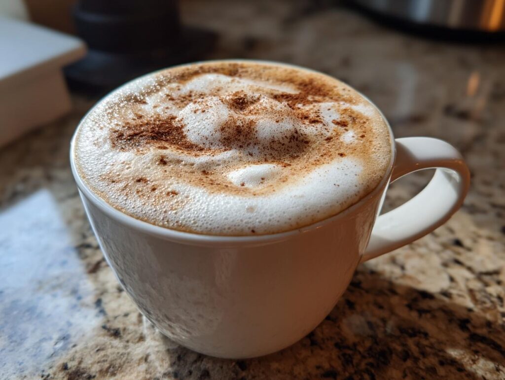 A close-up of a frothy Gingerbread Latte in a white mug, dusted with cinnamon.