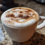 A close-up of a frothy Gingerbread Latte in a white mug, dusted with cinnamon.