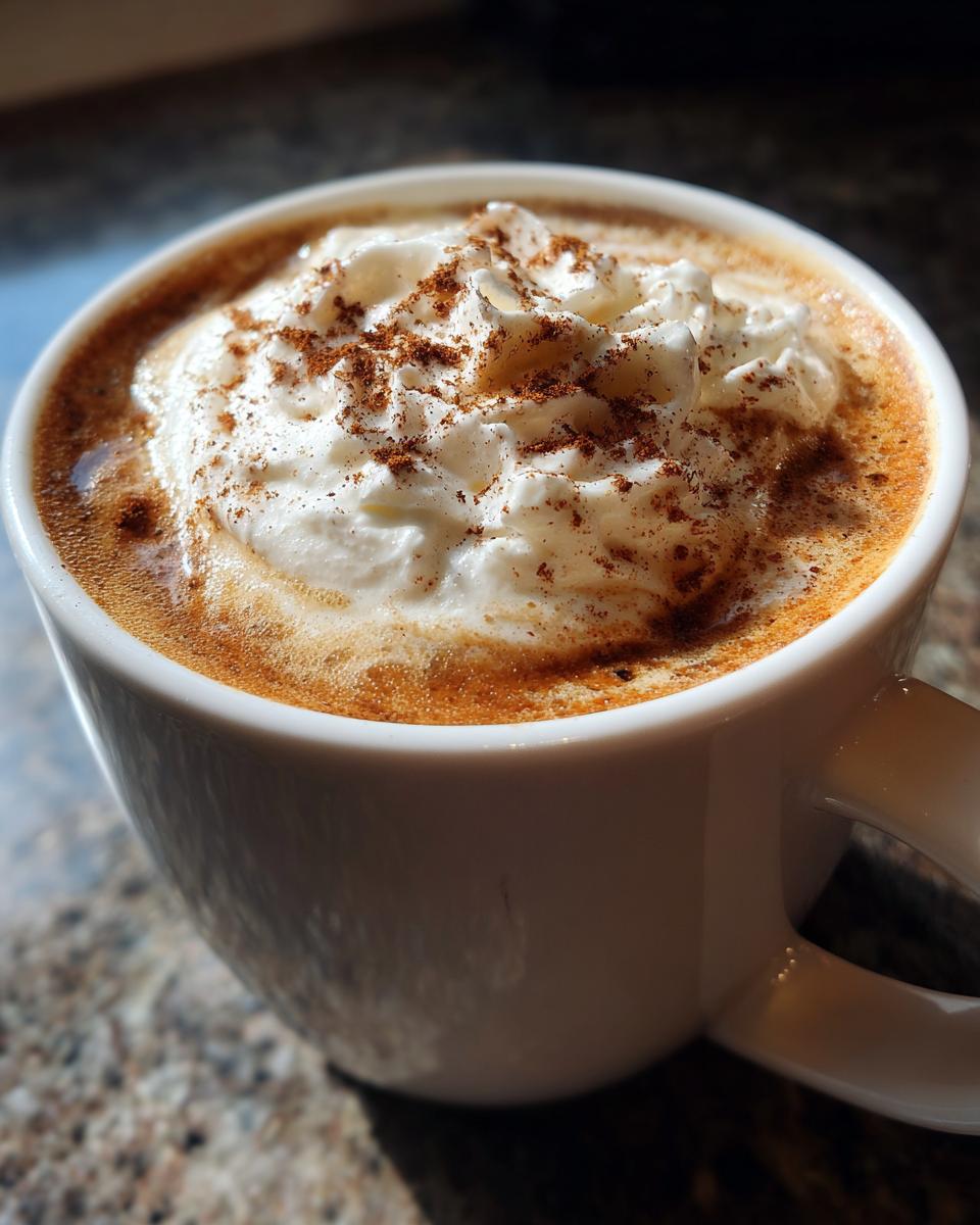 Close-up of a creamy Gingerbread Latte topped with whipped cream and a sprinkle of cinnamon.