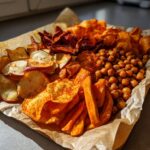 A variety of homemade chips, including apple, sweet potato, and spiced chickpeas, perfect global snack ideas fall.