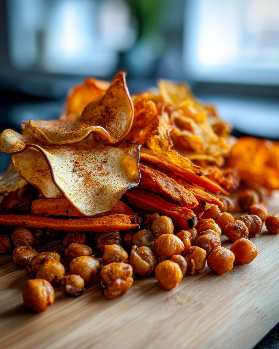 A pile of vegetable chips and roasted chickpeas, showcasing global snack ideas fall.