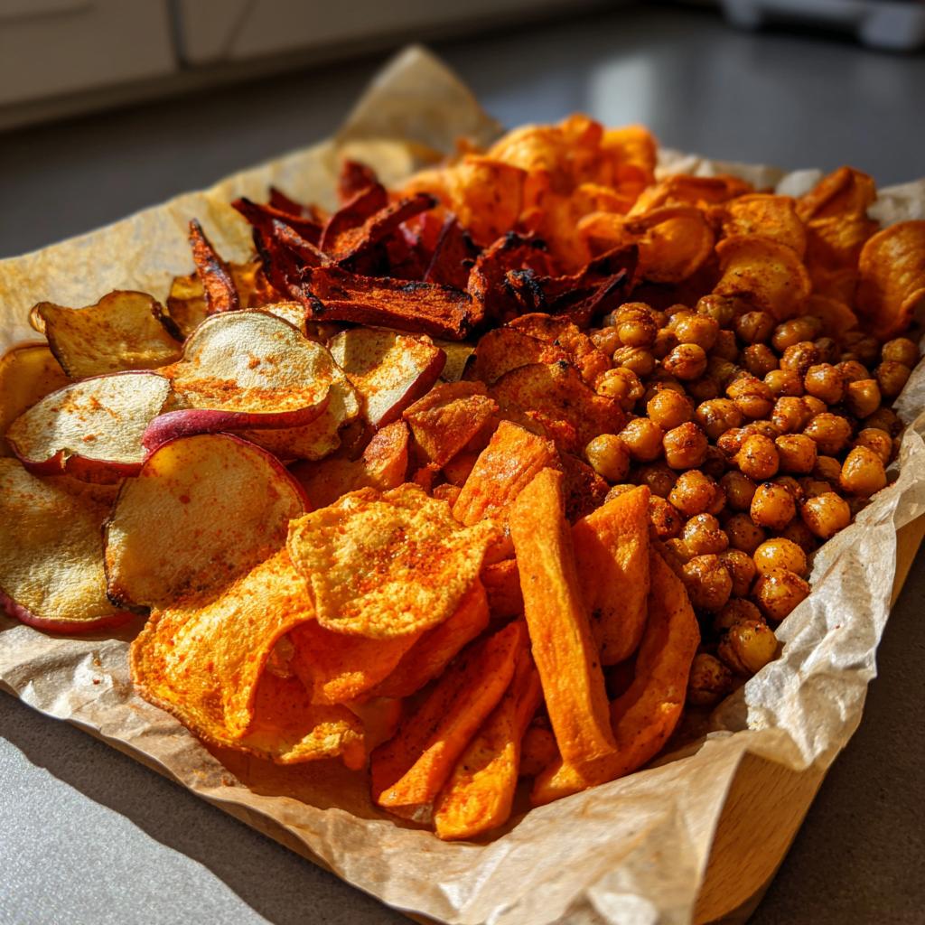 A variety of homemade chips, including apple, sweet potato, and spiced chickpeas, perfect global snack ideas fall.