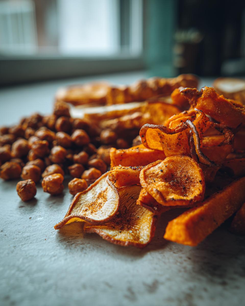 A variety of global snack ideas fall treats including sweet potato fries, chips, and roasted chickpeas.
