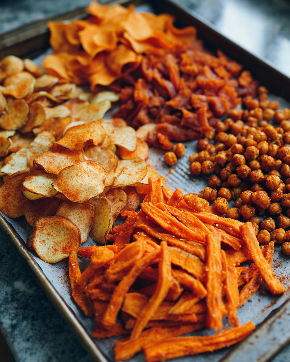 A variety of global snack ideas fall, including potato chips, sweet potato fries, and spiced chickpeas on a baking sheet.