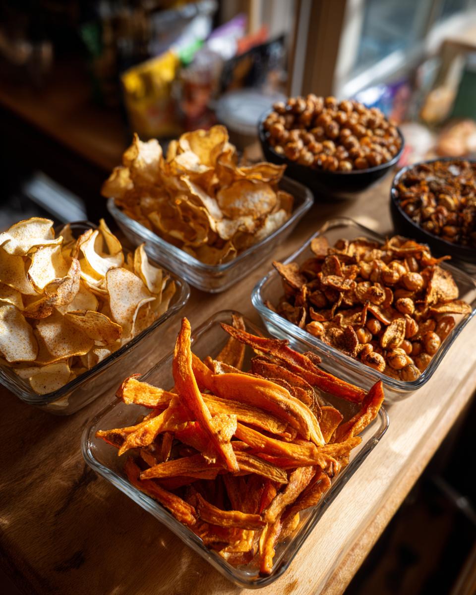 Selection of global snack ideas fall, including sweet potato fries, potato chips, and seasoned chickpeas in bowls.