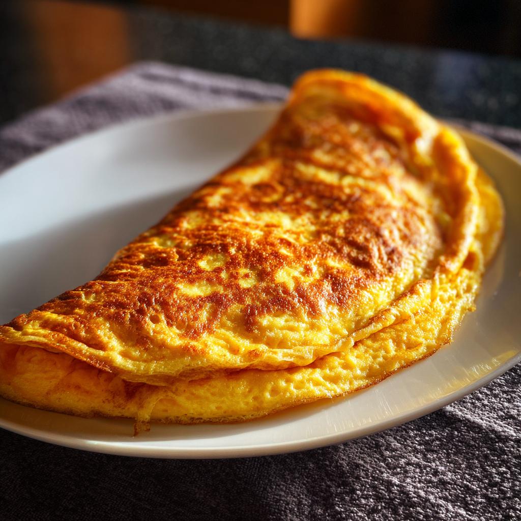 A perfectly cooked golden omelet, folded on a white plate, ready to eat. Simple and delicious omelet.