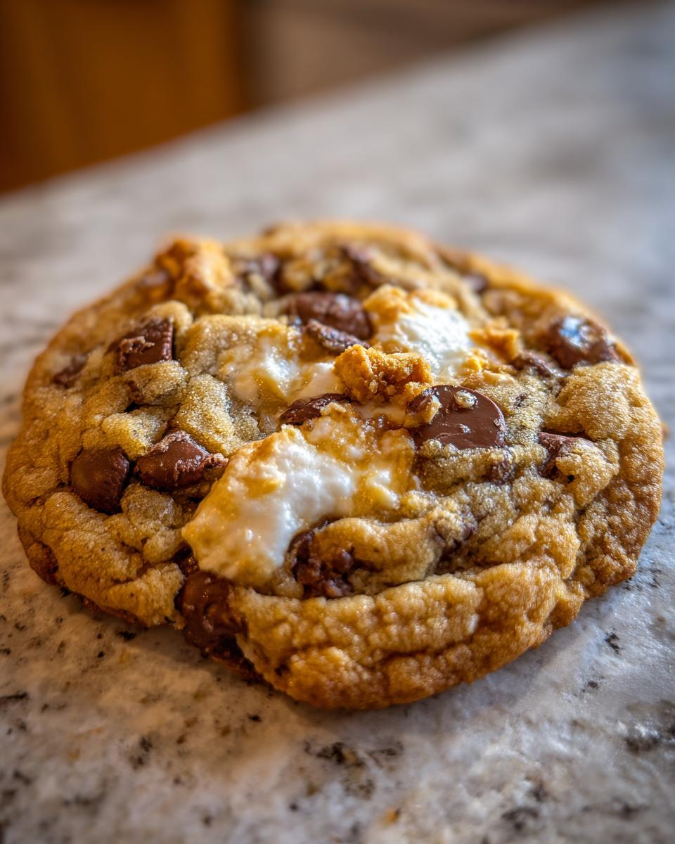 A close-up of a Gooey S’mores Chocolate Chip Cookie with melted marshmallow and chocolate chunks.