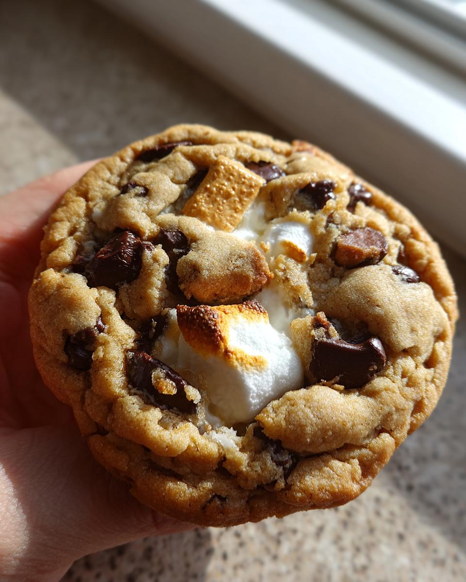 A close-up of a Gooey S’mores Chocolate Chip Cookie with melted marshmallow and graham cracker pieces.