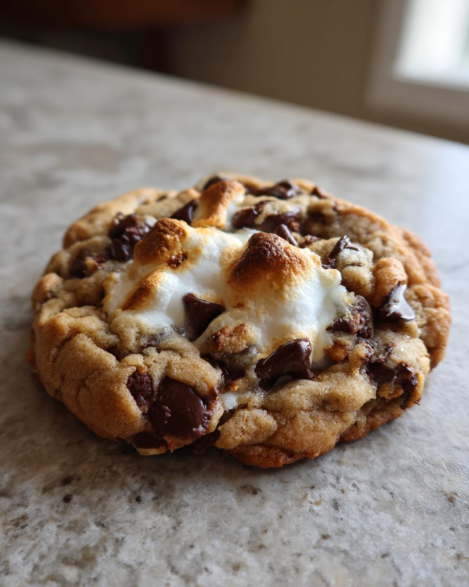 A single Gooey S’mores Chocolate Chip Cookie with melted marshmallow and chocolate chips on a countertop.
