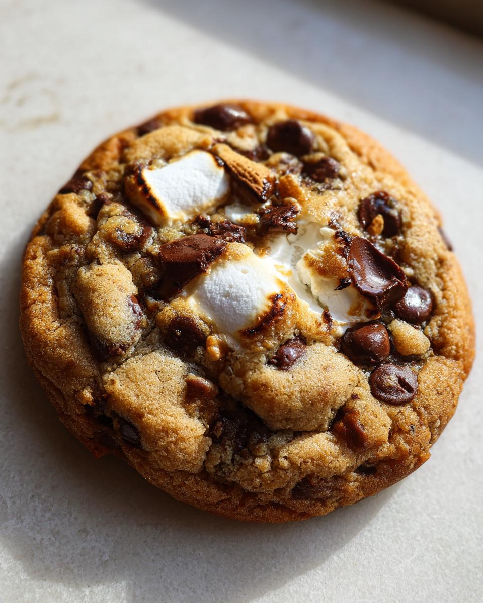 A single Gooey S’mores Chocolate Chip Cookie with melted marshmallows and chocolate chips.