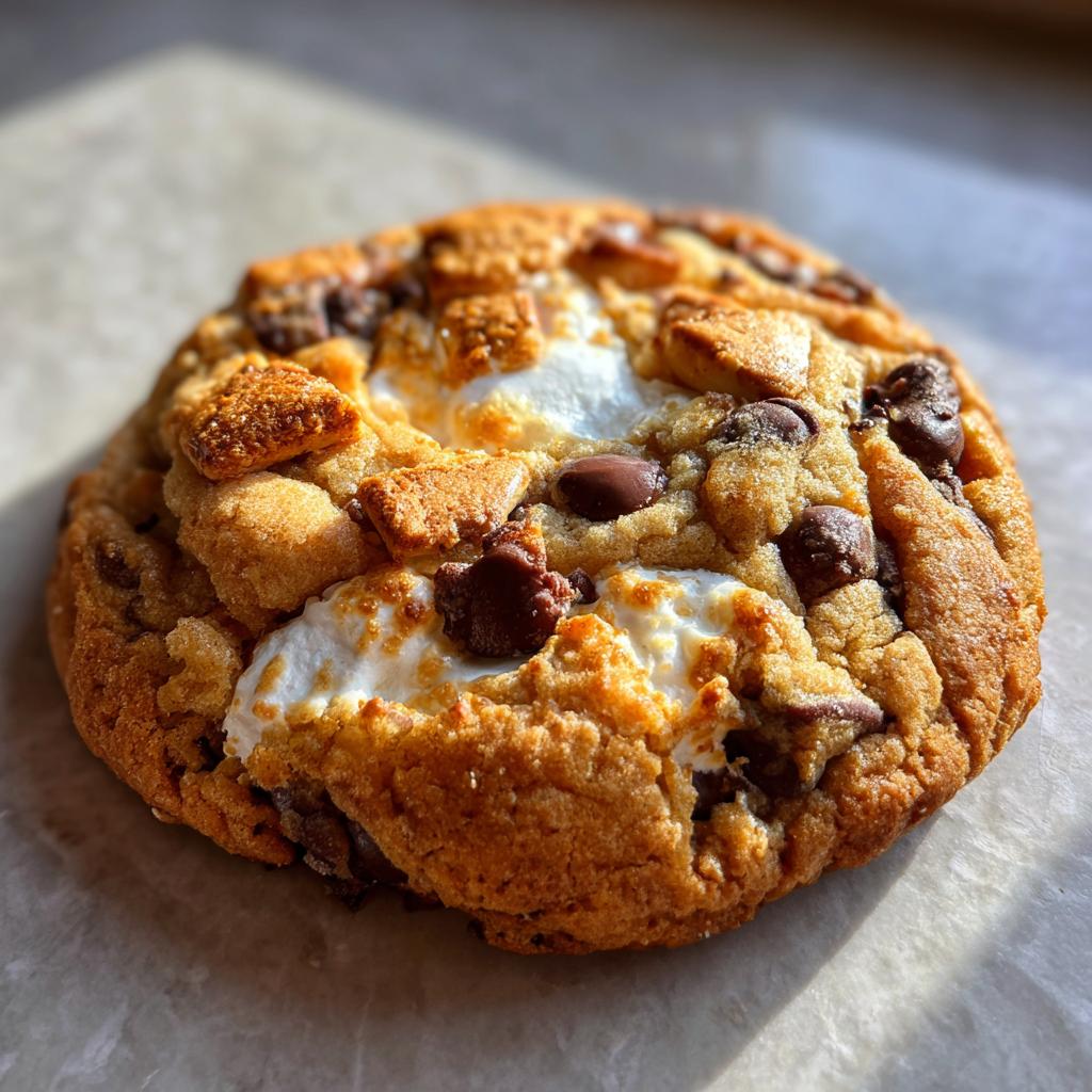 A single Gooey S’mores Chocolate Chip Cookie with melted marshmallow and graham cracker pieces.