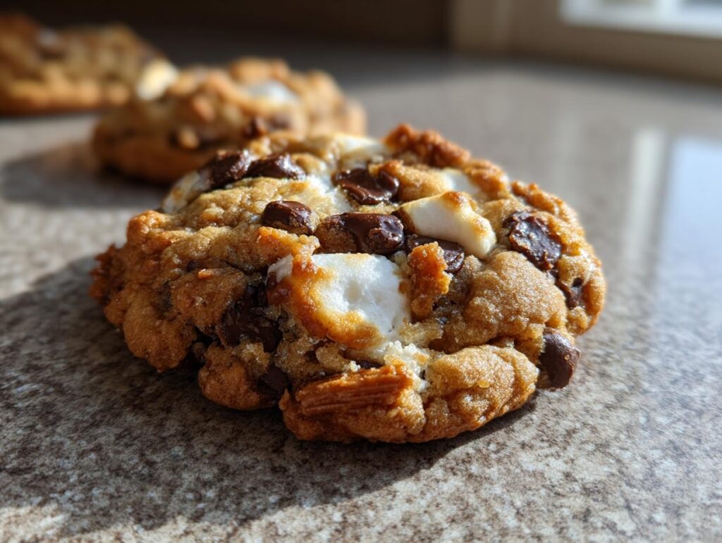 A close-up of a Gooey S’mores Chocolate Chip Cookie, showcasing melted marshmallows and chocolate chips.