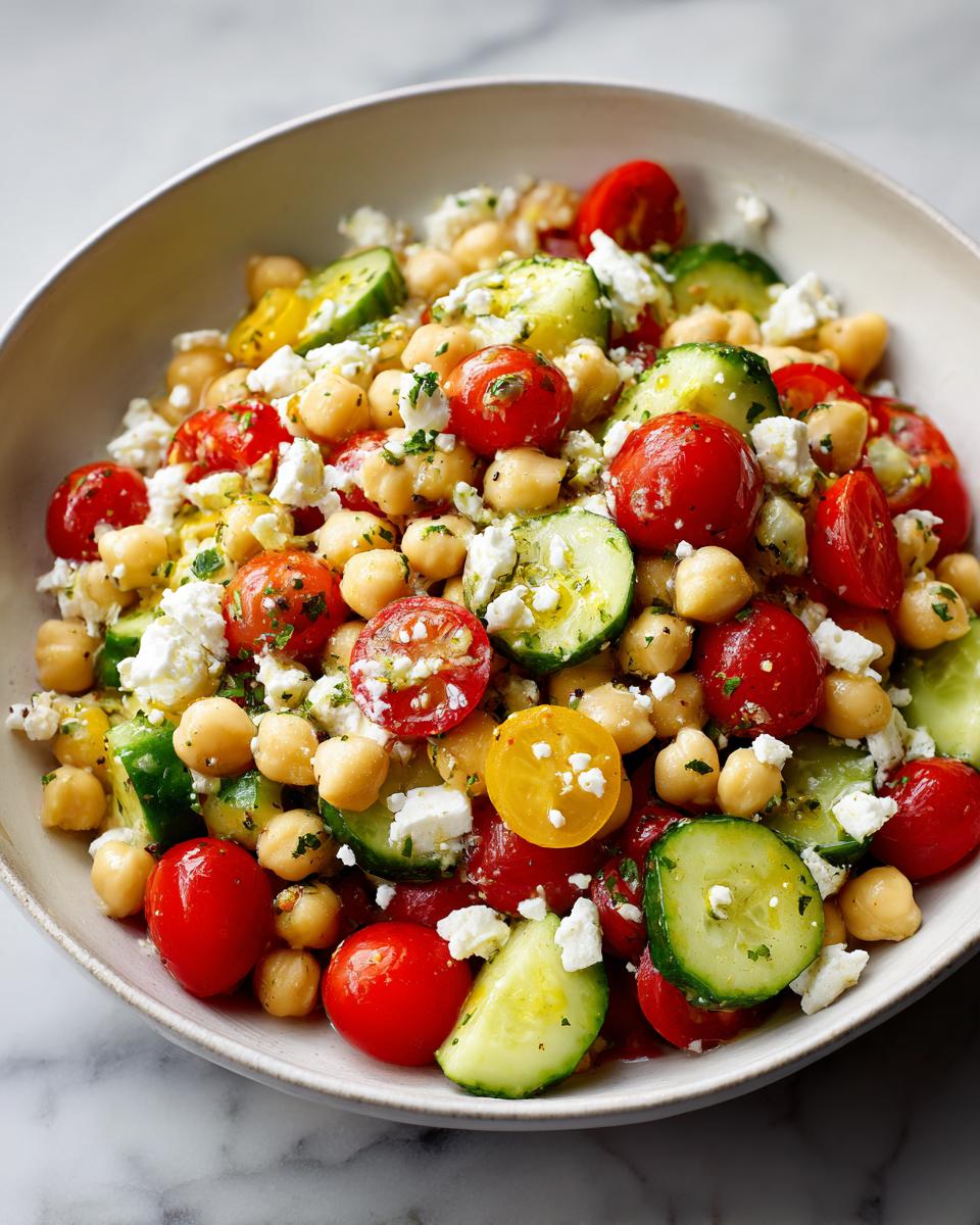 A close-up of a vibrant Greek Chickpea Salad with cherry tomatoes, cucumbers, feta cheese, and herbs in a bowl.