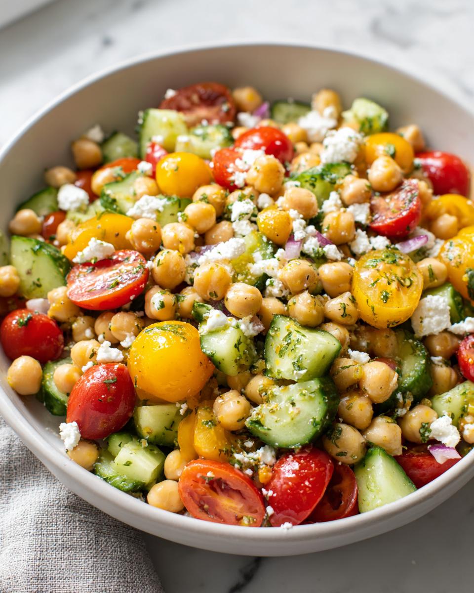 A vibrant bowl of Greek Chickpea Salad featuring chickpeas, cherry tomatoes, cucumber, feta cheese, and red onion.