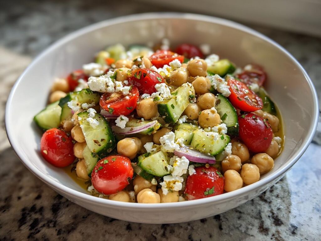 A vibrant bowl of Greek Chickpea Salad featuring chickpeas, cherry tomatoes, cucumber, red onion, and feta cheese.