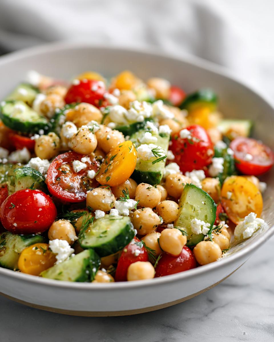 Close-up of a vibrant Greek Chickpea Salad with cherry tomatoes, cucumbers, feta cheese, and dill.
