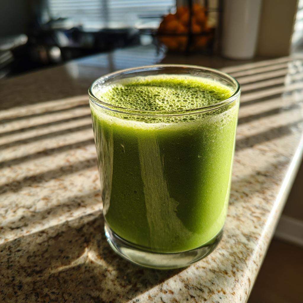 A glass of vibrant green Detox Drinks & Smoothies on a kitchen counter, lit by sunlight.