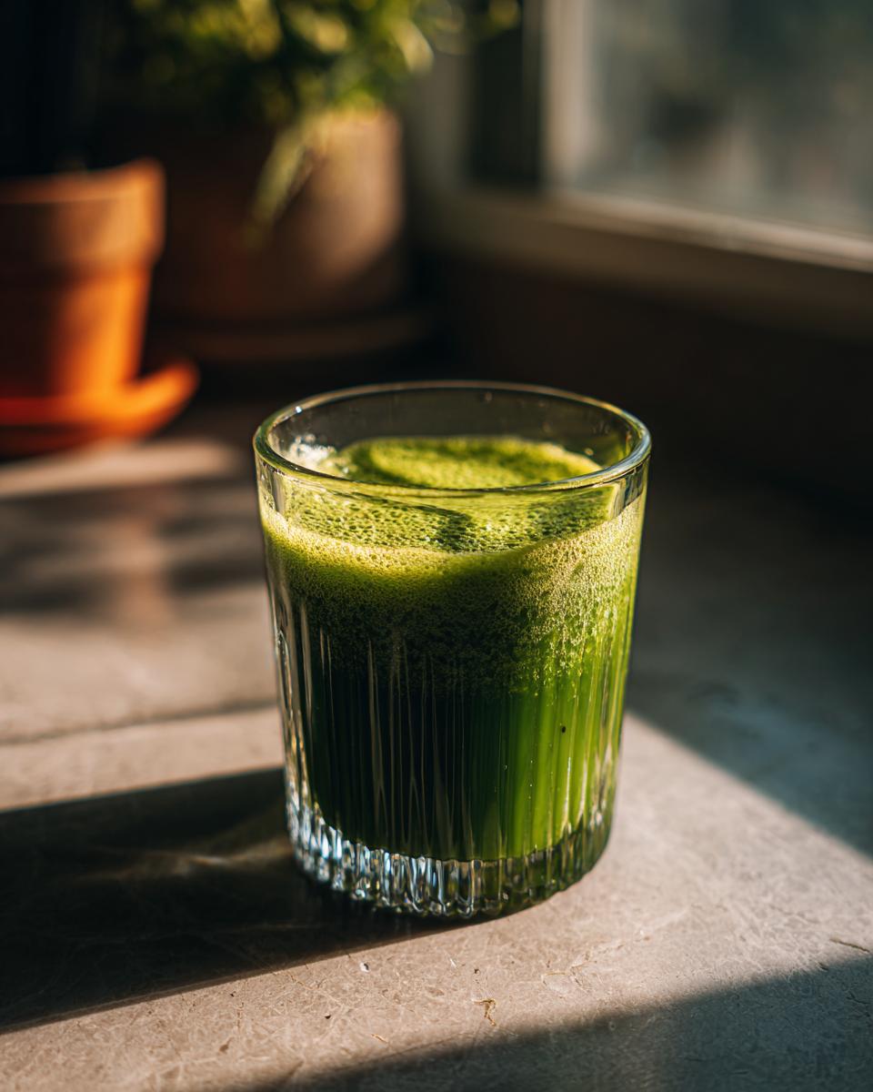 A glass of vibrant green Detox Drinks & Smoothies sits on a counter, illuminated by sunlight.
