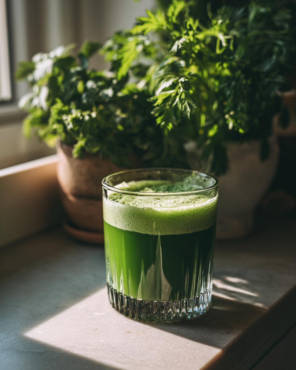 A glass of vibrant green Detox Drinks & Smoothies sits on a counter with plants in the background.