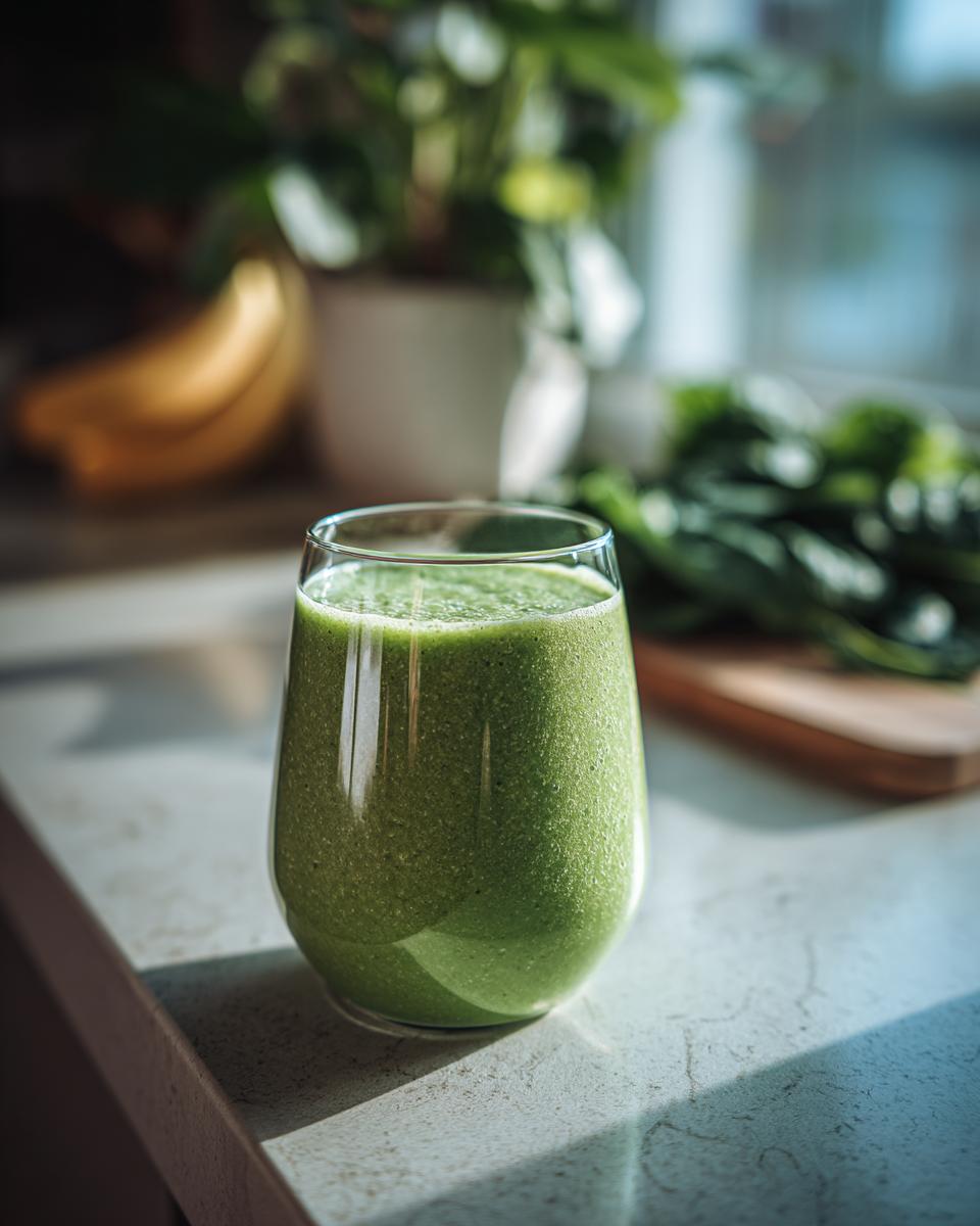 A glass of vibrant green detox drinks & smoothies, with spinach and bananas in the background.