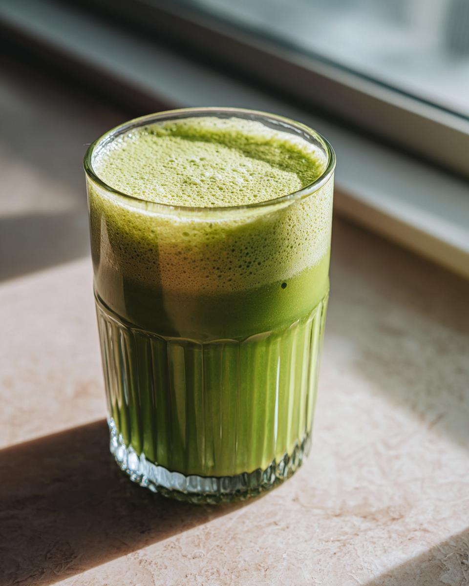 A glass filled with a vibrant green Detox Drinks & Smoothies, showcasing its frothy texture and healthy ingredients.