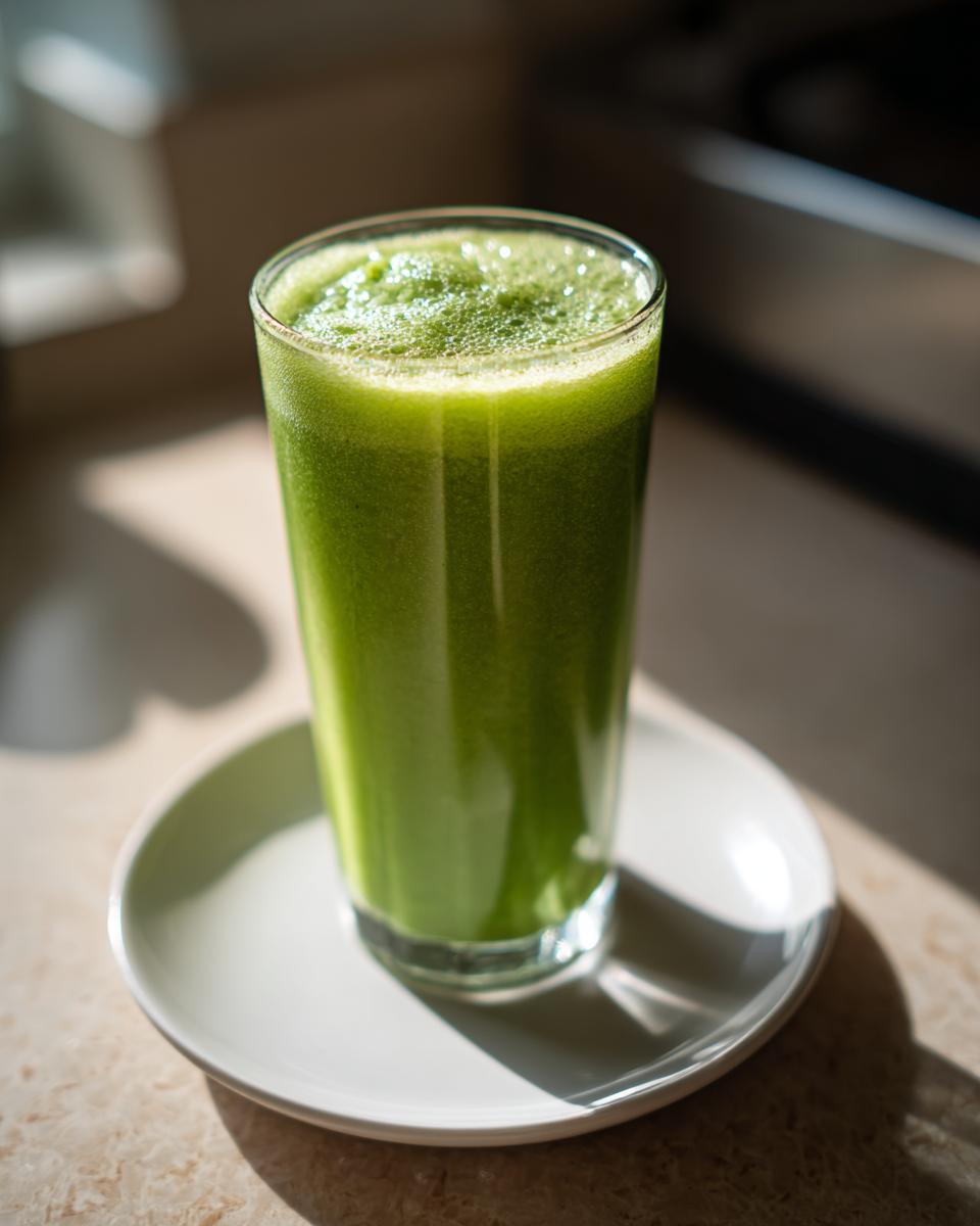 A vibrant green smoothie in a glass, perfect for fast weight loss, sitting on a white plate.