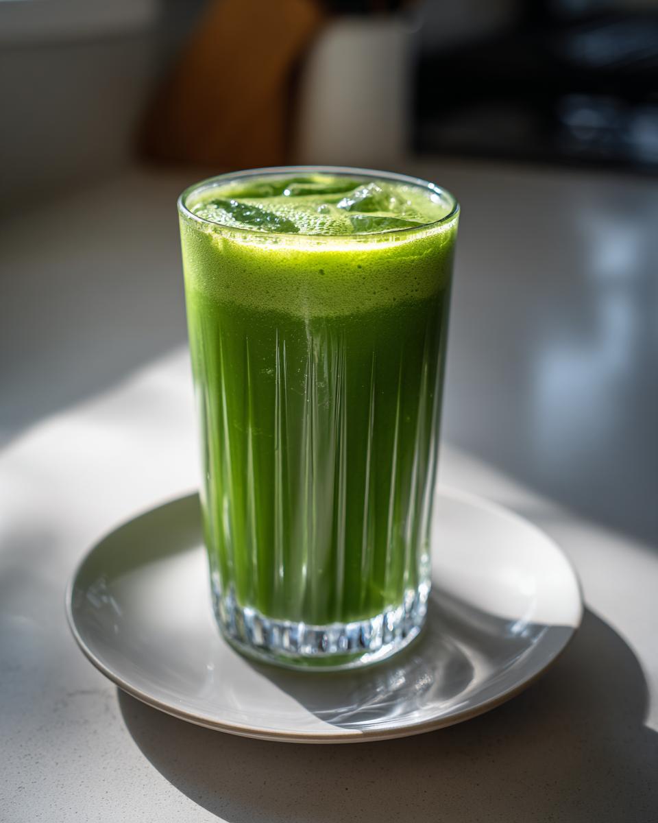 Tall glass of a vibrant green smoothie, perfect for fast weight loss, sitting on a white plate.