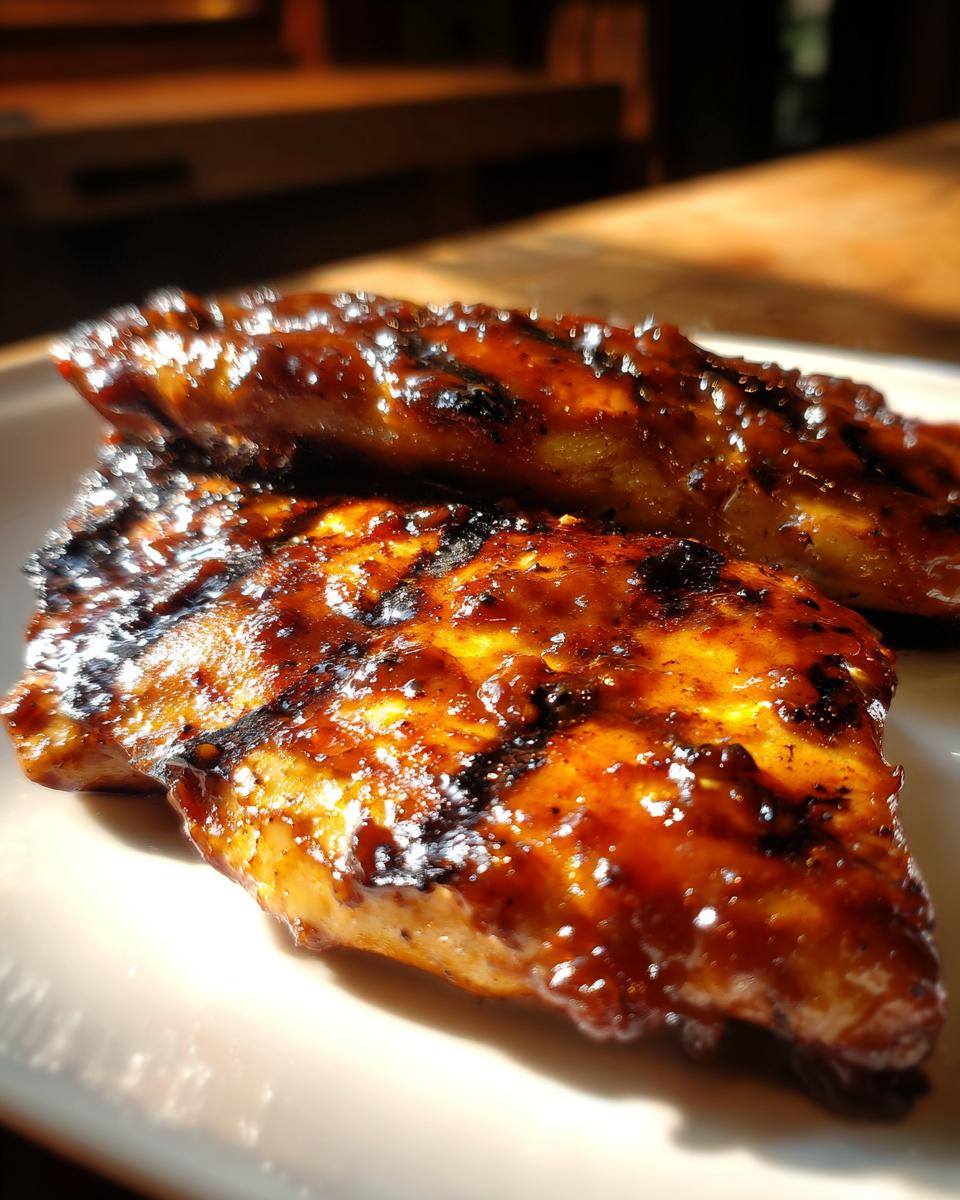 Two pieces of glazed BBQ chicken with grill marks on a white plate, ready to eat.