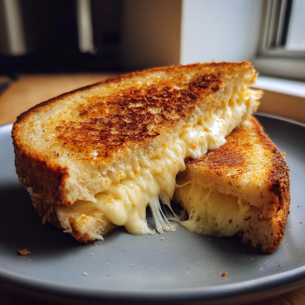 Close-up of a golden brown grilled cheese sandwich with melted cheese oozing out.