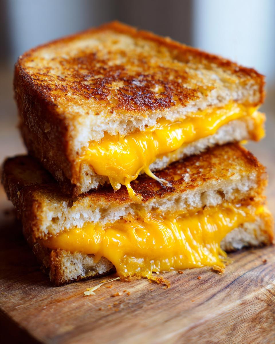 Two halves of a golden-brown grilled cheese sandwich stacked, with melted cheese oozing out.